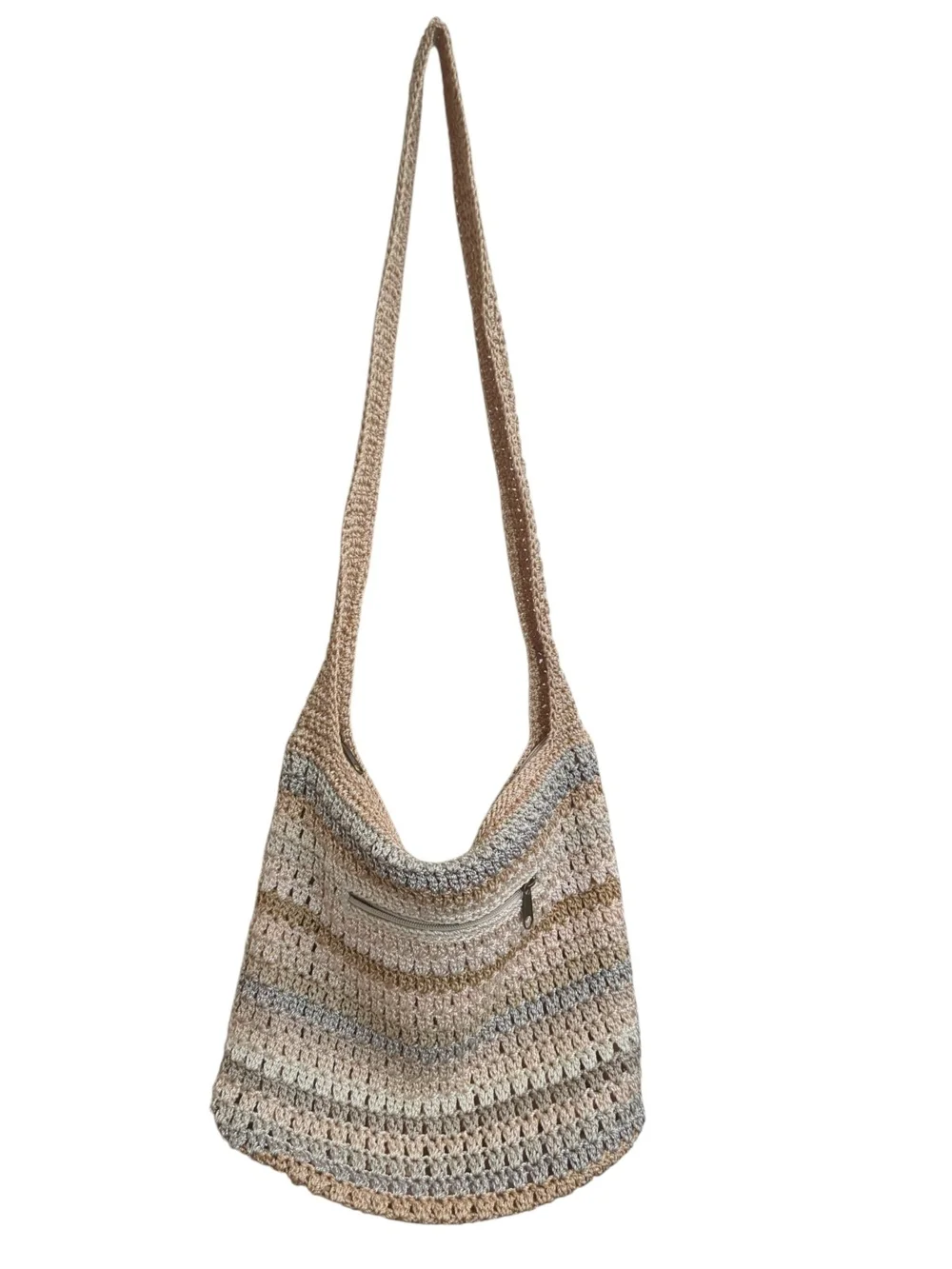 The Sak Crochet Hobo Shoulder Bag Neutral Striped Knit Boho Slouch Crossbody